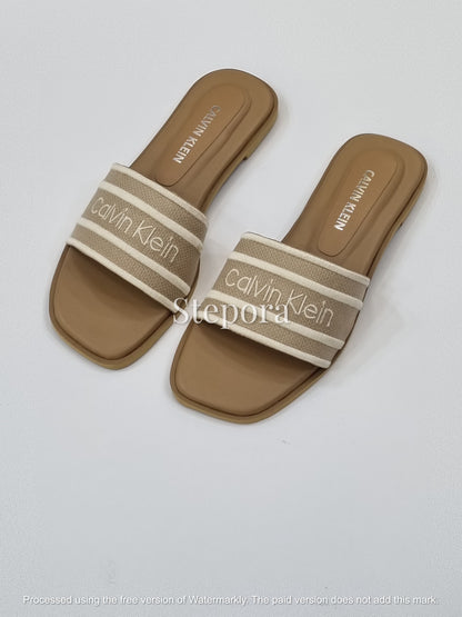 Modern Striped Logo Canvas Slides – Women’s Minimalist Flat Sandals