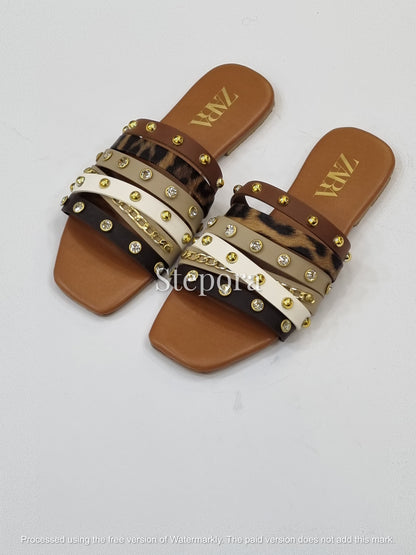 Bohemian Studded Multi-Strap Slides – Women’s Animal Print Flat Sandals
