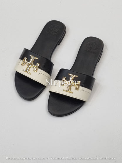 Two-Tone Gold Emblem Slides – Women’s Color Block Flat Sandals