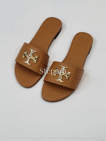 Classic Gold Cutout Emblem Slides – Women’s Matte Flat Sandals