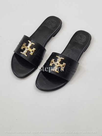 Classic Gold Cutout Emblem Slides – Women’s Matte Flat Sandals