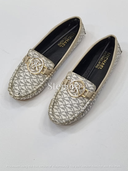 Signature Monogram Print Loafers – Women’s Gold Emblem Driving Shoes