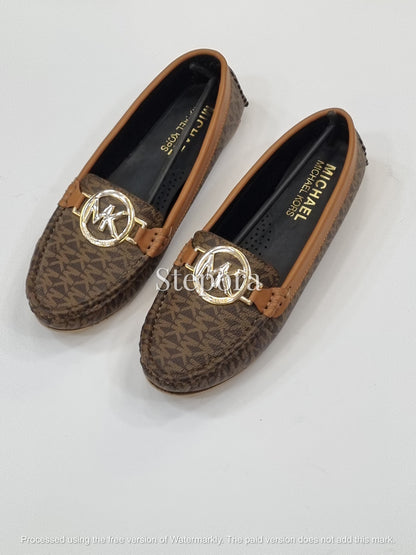 Signature Monogram Print Loafers – Women’s Gold Emblem Driving Shoes