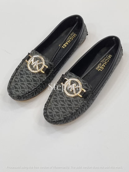 Signature Monogram Print Loafers – Women’s Gold Emblem Driving Shoes
