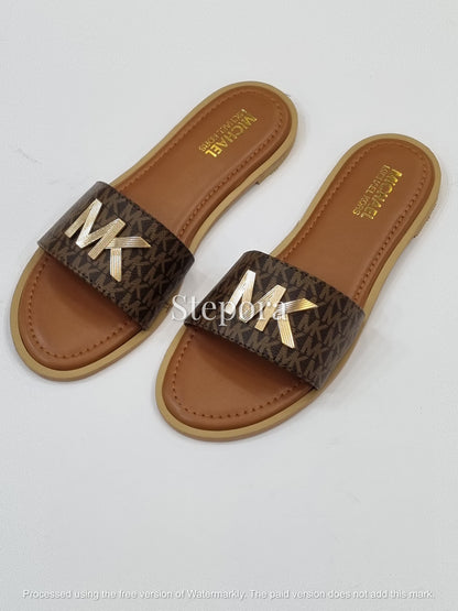 Gold Initial Emblem Slides – Women’s Monogram & Solid Flat Sandals