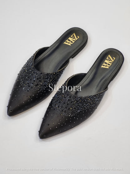 Sparkling Rhinestone Pointed Toe Mules – Women’s Dressy Flat Slides