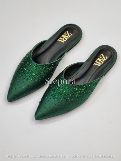 Sparkling Rhinestone Pointed Toe Mules – Women’s Dressy Flat Slides