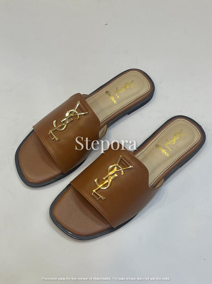 Chic Vegan Leather Flat Slides – Minimalist Gold Monogram Slip-On Sandals