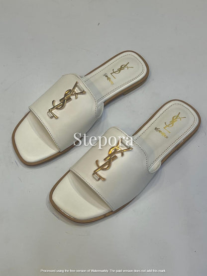 Chic Vegan Leather Flat Slides – Minimalist Gold Monogram Slip-On Sandals
