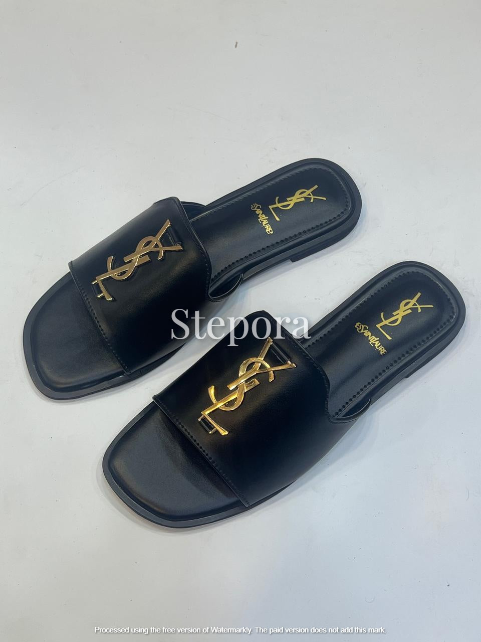 Chic Vegan Leather Flat Slides – Minimalist Gold Monogram Slip-On Sandals