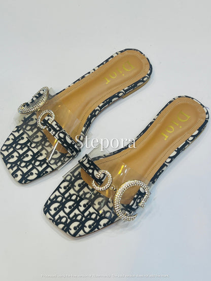 Women’s Designer Pattern Flat Sandals with Crystal Buckle Strap