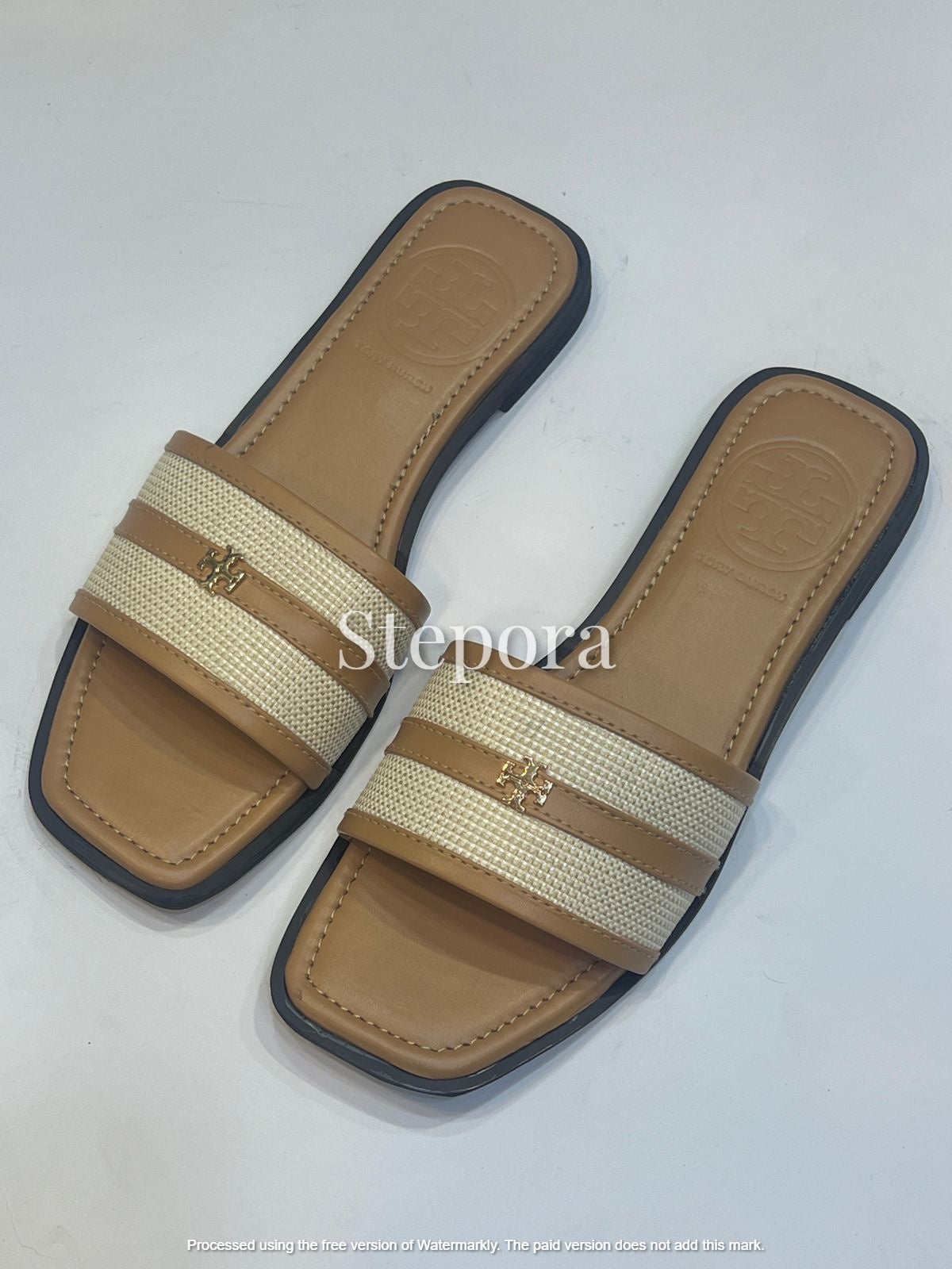 Premium Women's Canvas Slide Sandals – Elegant Square Toe Summer Flats in Tan & Black