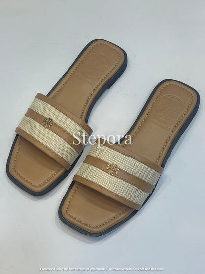 Premium Women's Canvas Slide Sandals – Elegant Square Toe Summer Flats in Tan & Black