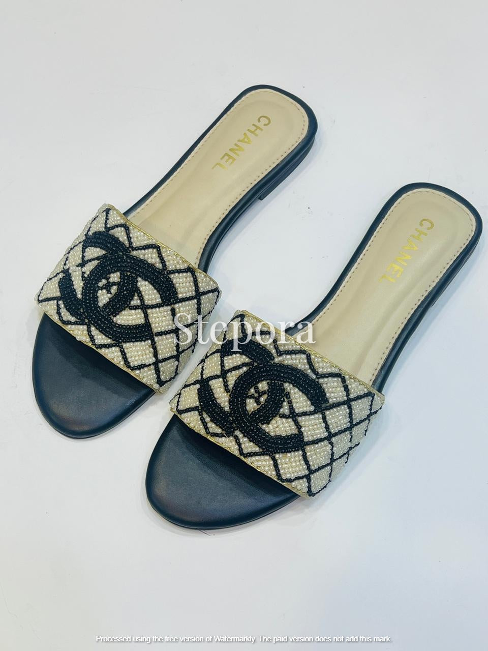 Women’s Hand-Beaded Pearl Slide Sandals with Black Trim