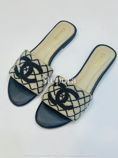 Women’s Hand-Beaded Pearl Slide Sandals with Black Trim