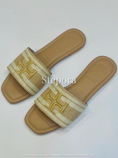 Women’s Striped Woven Canvas Slides – Chic Square Toe Summer Flats in Navy & Tan