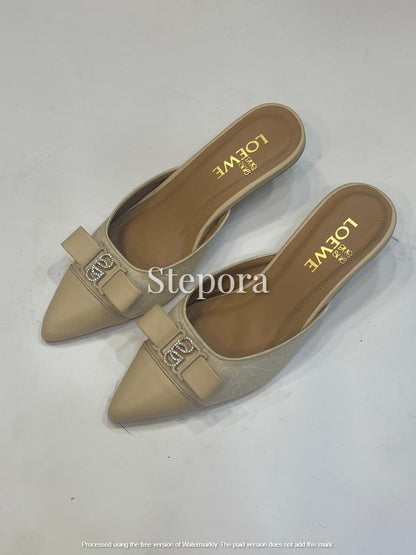 Women’s Pointed Toe Heeled Mules with Bow Detail and Printed Upper