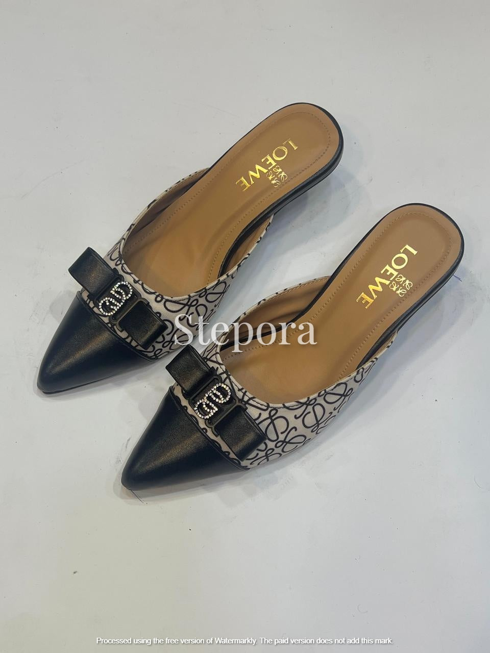 Women’s Pointed Toe Heeled Mules with Bow Detail and Printed Upper