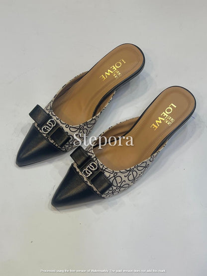 Women’s Pointed Toe Heeled Mules with Bow Detail and Printed Upper