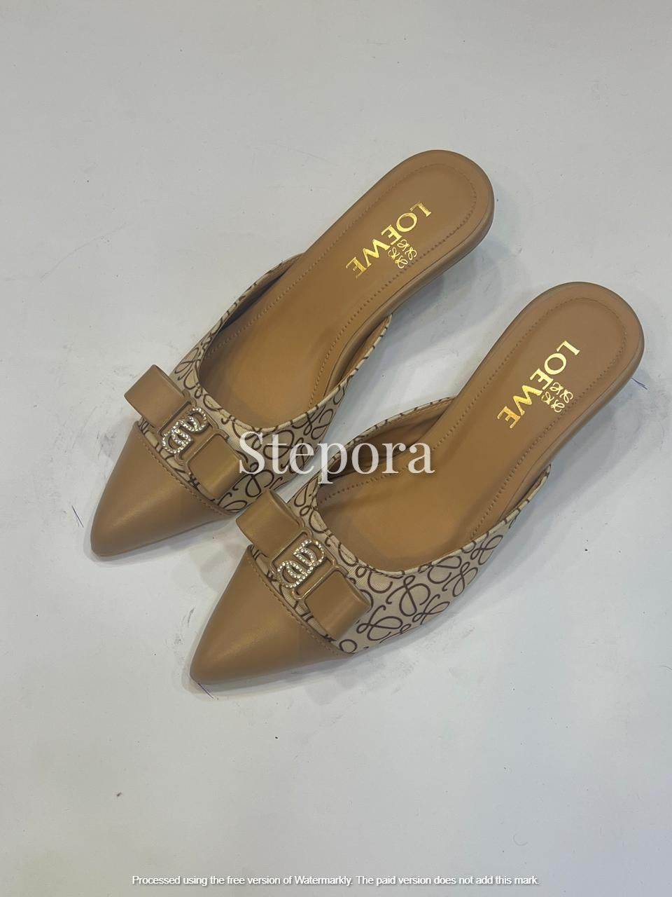 Women’s Pointed Toe Heeled Mules with Bow Detail and Printed Upper