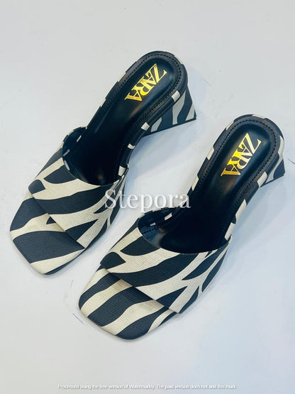 Women’s Zebra Print Wedge Heel Mules with Square Toe