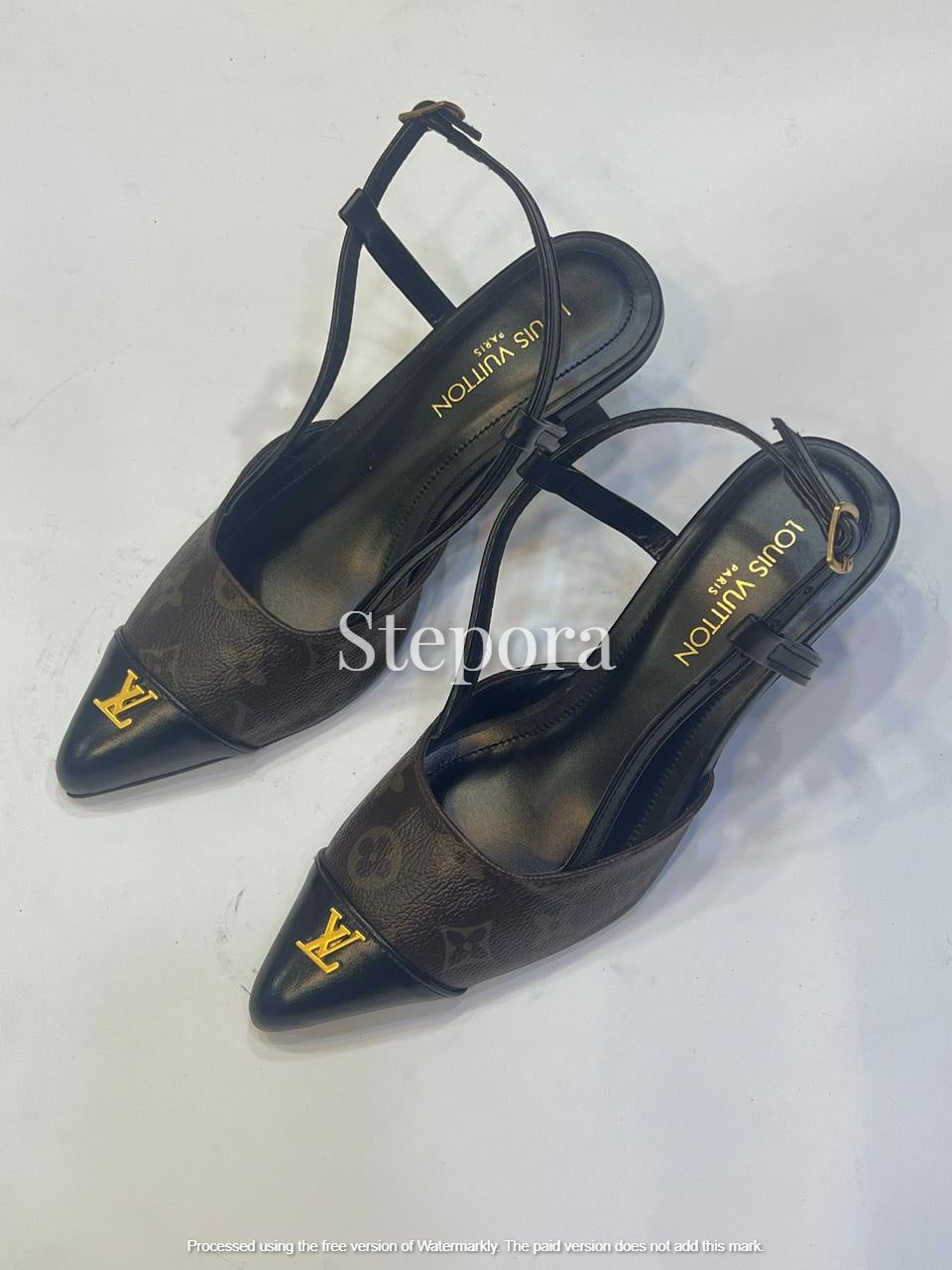 Women’s Pointed Toe Slingback Kitten Heels with Printed Upper and Gold Accent