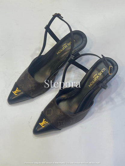 Women’s Pointed Toe Slingback Kitten Heels with Printed Upper and Gold Accent