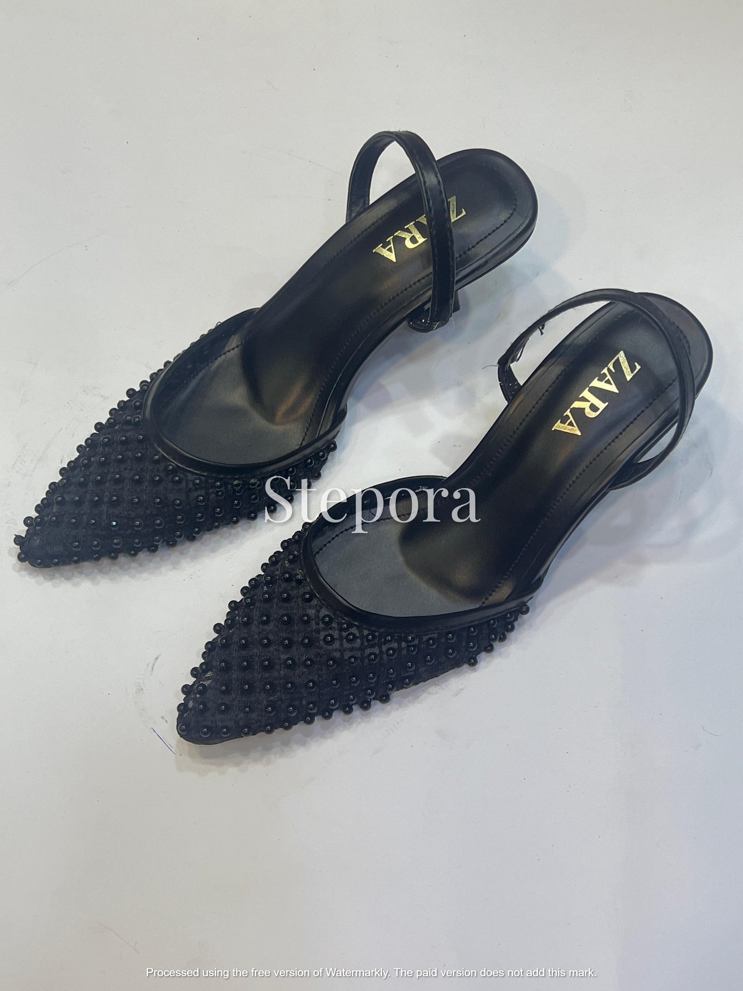 Pearl Embellished Mesh Slingback Pumps - Pointed Toe Low Heel Evening Shoes in Ivory and Black