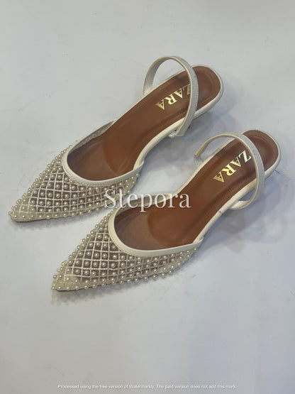 Pearl Embellished Mesh Slingback Pumps - Pointed Toe Low Heel Evening Shoes in Ivory and Black