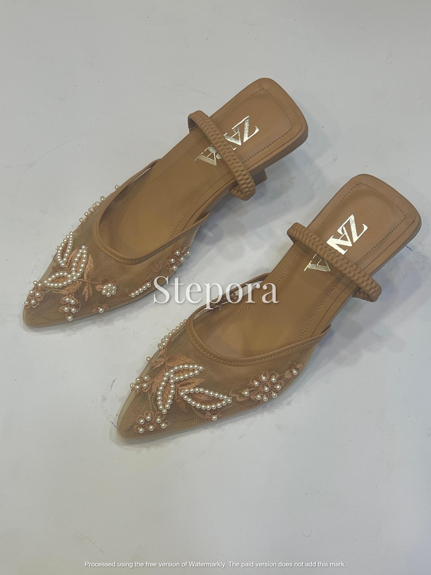 Elegant Pearl Embellished & Floral Embroidery Mesh Slingback Pumps - Pointed Toe Low Heel Evening Shoes