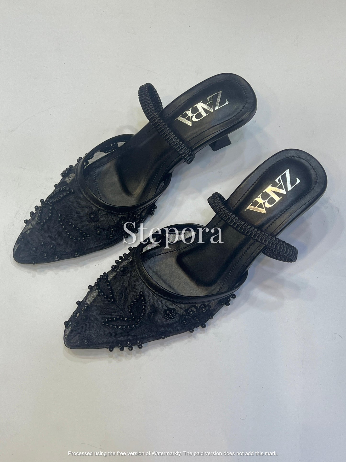 Elegant Pearl Embellished & Floral Embroidery Mesh Slingback Pumps - Pointed Toe Low Heel Evening Shoes