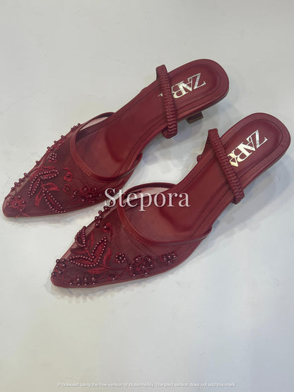 Elegant Pearl Embellished & Floral Embroidery Mesh Slingback Pumps - Pointed Toe Low Heel Evening Shoes