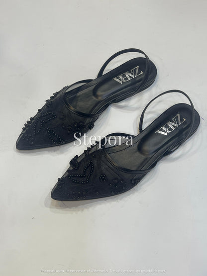 Hand-Beaded Mesh Slingback Collection - Pearl Grid & Floral Embroidered Pointed Toe Flats