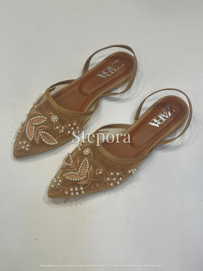 Hand-Beaded Mesh Slingback Collection - Pearl Grid & Floral Embroidered Pointed Toe Flats