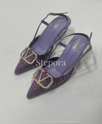 Sparkly Crystal Encrusted Pointed Toe Slingback Heels – Elegant Low Heel Evening Pumps