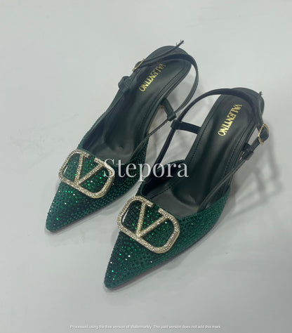 Sparkly Crystal Encrusted Pointed Toe Slingback Heels – Elegant Low Heel Evening Pumps