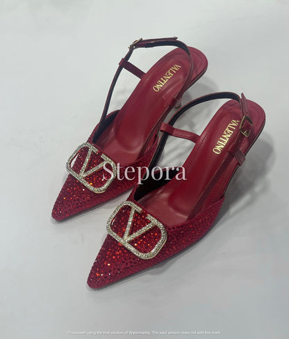 Sparkly Crystal Encrusted Pointed Toe Slingback Heels – Elegant Low Heel Evening Pumps