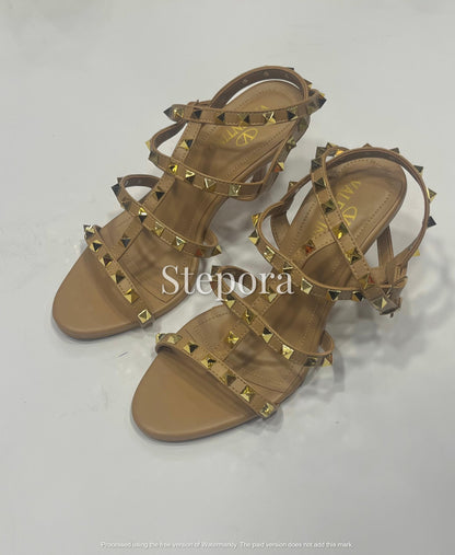 Gold Studded Multi-Strap Gladiator Heels – Strappy Pyramid Stud High Heel Sandals for Edgy Evening Wear