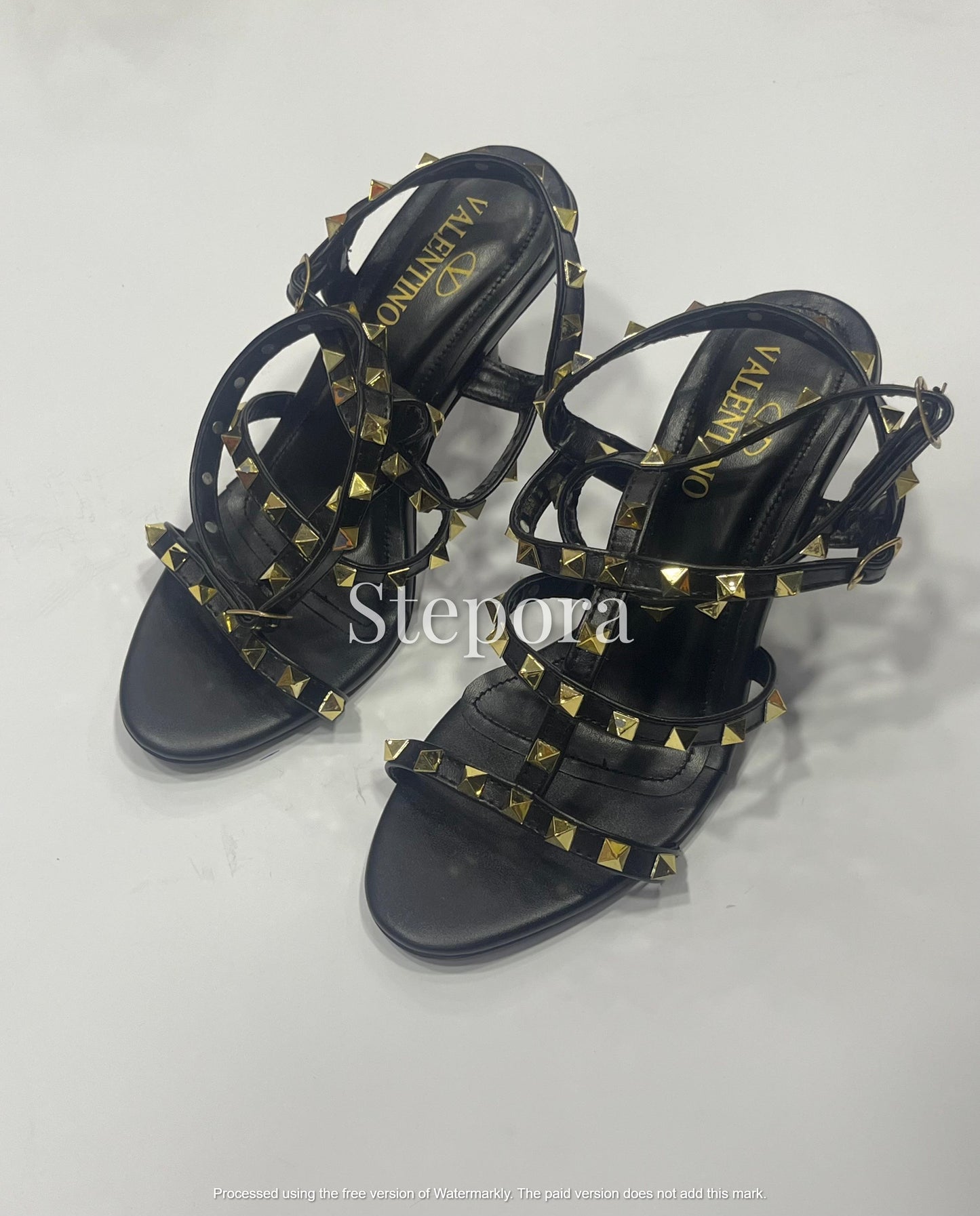 Gold Studded Multi-Strap Gladiator Heels – Strappy Pyramid Stud High Heel Sandals for Edgy Evening Wear