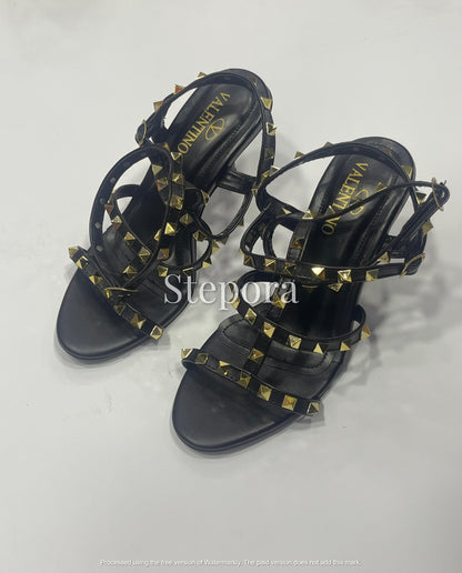 Gold Studded Multi-Strap Gladiator Heels – Strappy Pyramid Stud High Heel Sandals for Edgy Evening Wear