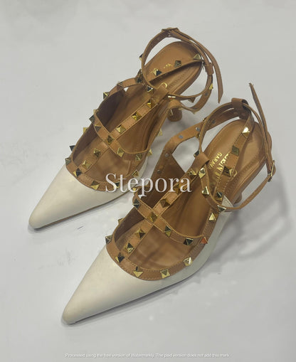 Studded Strappy Pointed Toe Pumps - Elegant T-Strap Mid-Heel Stiletto Sandals for Women