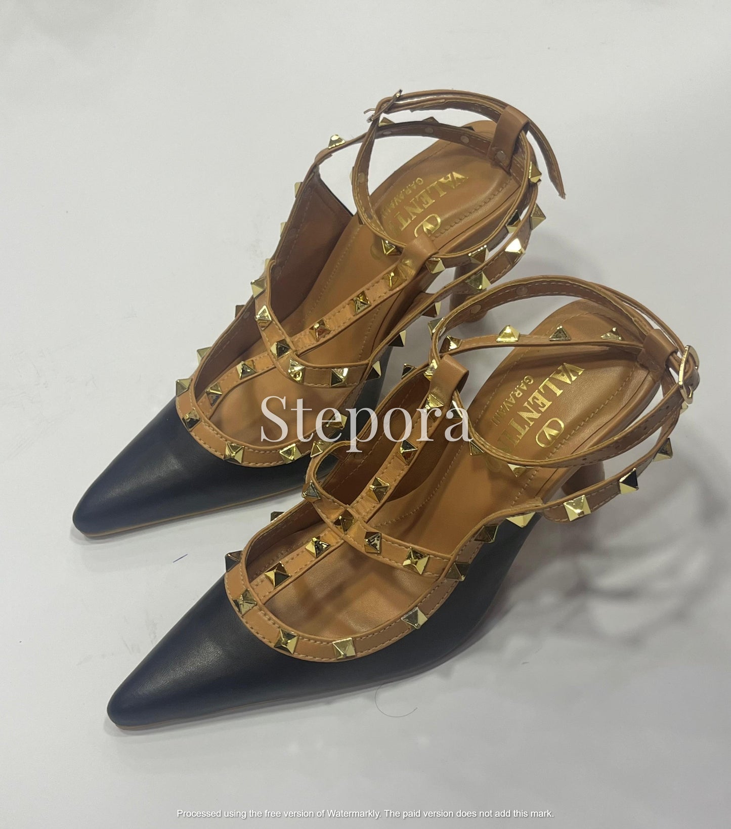 Studded Strappy Pointed Toe Pumps - Elegant T-Strap Mid-Heel Stiletto Sandals for Women
