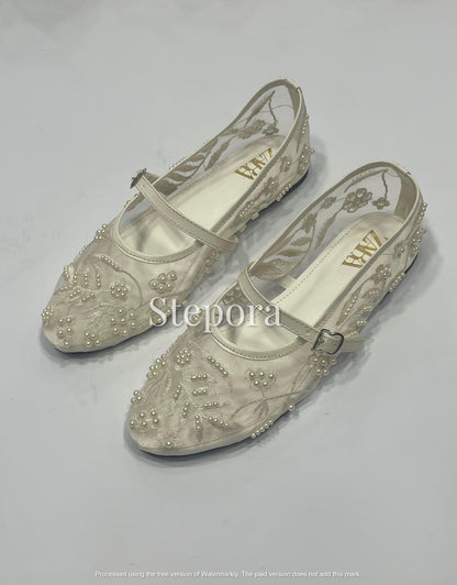 Embellished Mesh Mary Jane Ballet Flats – Pearl Beaded Floral Lace Wedding Guest Shoes
