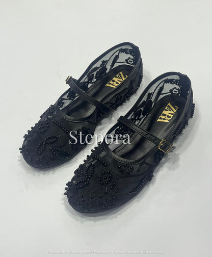 Embellished Mesh Mary Jane Ballet Flats – Pearl Beaded Floral Lace Wedding Guest Shoes