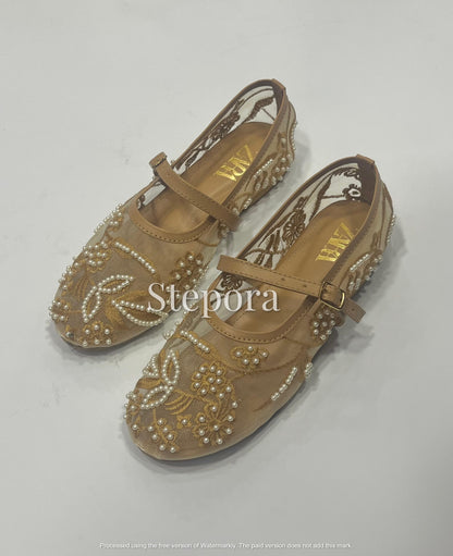 Embellished Mesh Mary Jane Ballet Flats – Pearl Beaded Floral Lace Wedding Guest Shoes