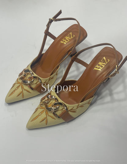 Gold Chain Link Slingback Kitten Heels – Palm Tree Embroidered Pointed Toe Pumps