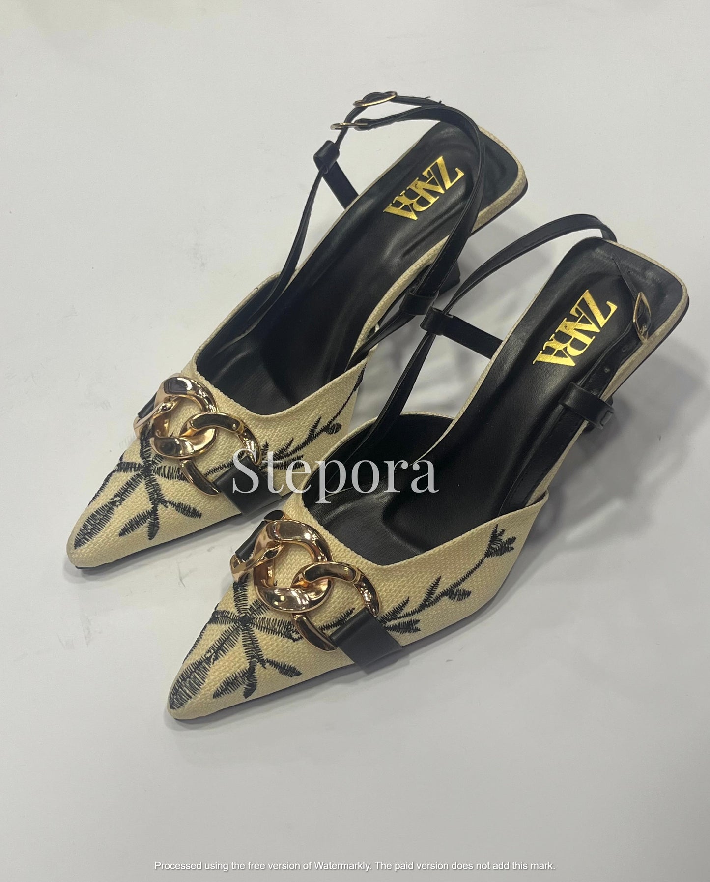 Gold Chain Link Slingback Kitten Heels – Palm Tree Embroidered Pointed Toe Pumps