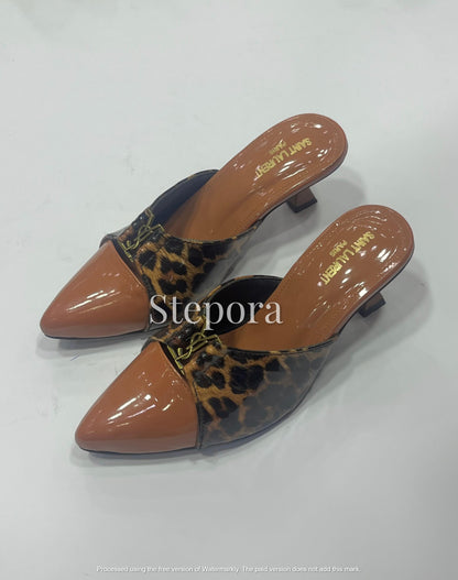 Leopard Print Pointed Toe Mules with Metal Monogram Accent