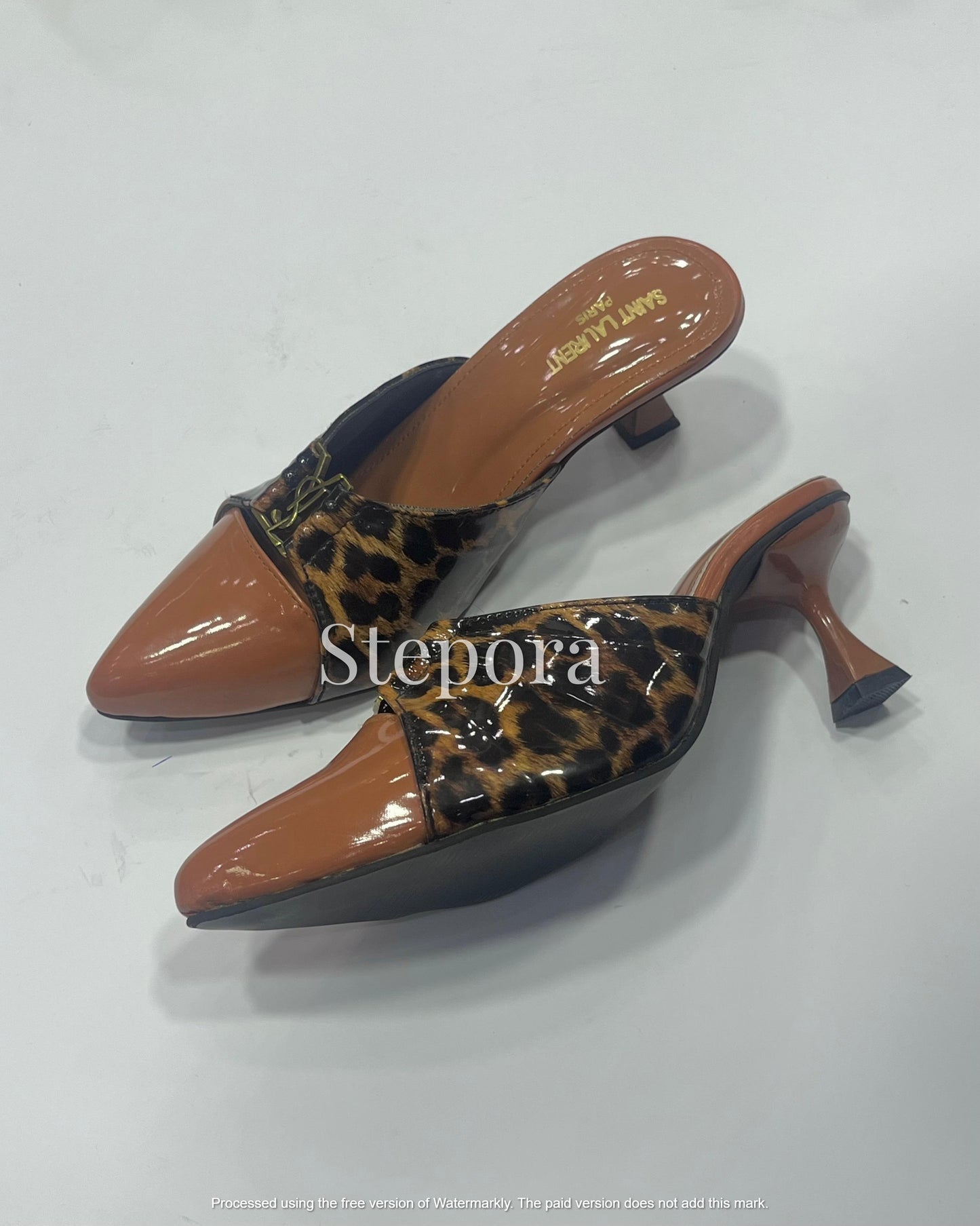Leopard Print Pointed Toe Mules with Metal Monogram Accent