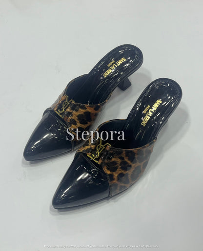 Leopard Print Pointed Toe Mules with Metal Monogram Accent